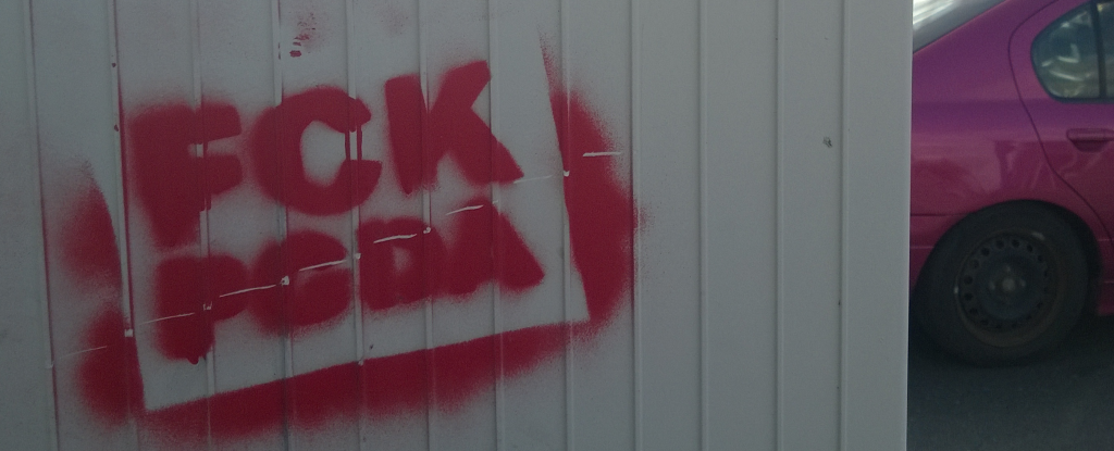 "Fuck Pegida". Anti-Pegida (and therefore anti-racist) graffiti sign in Dresden. 2015. Photo by the author.